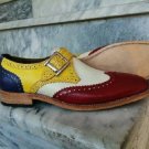 Multi Color Wing Tip Single Buckle Monk Strap Genuine Leather Brogue Toe Handmade Shoes