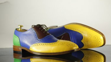 Pure Handmade Multi Color Wing Tip Leather Dress Shoes For Men's