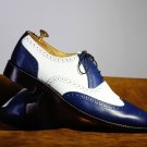 Handmade White & Blue Wing Tip Brogue Lace Up Leather Shoes