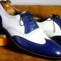 Handmade White & Blue Wing Tip Brogue Lace Up Leather Shoes