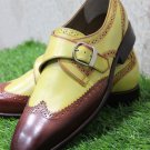 Handmade Men Two Tone color leather Single Monk Wingtip Brogue leather Shoes