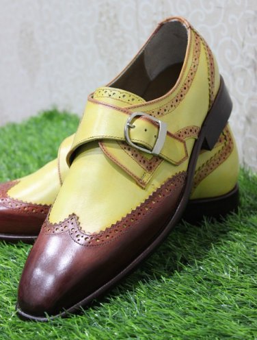 Handmade Men Two Tone color leather Single Monk Wingtip Brogue leather Shoes