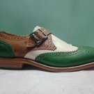 Handmade Men's Multi with Green color Monk Brogue Wingtip Men's wear Leather shoe