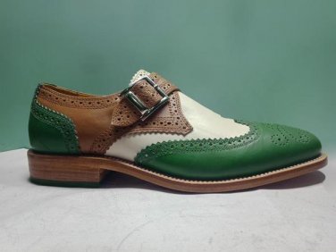 Handmade Men's Multi with Green color Monk Brogue Wingtip Men's wear Leather shoe