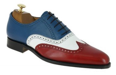 Men's Multi Color Wing Tip Genuine Leather Derby Toe Handmade Lace Up Black Sole Shoes