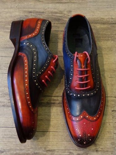 Oxford Brogue Multi Color Wing Tip Pure Handmade Leather Shoes For Men's