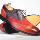 New Handmade Men’s Multi Color Wing Tip Brogue Shoes, Men Leather Suede Lace Up Shoe