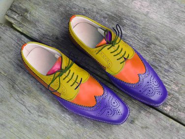 New Handmade Men's Multi Color Leather Wingtip Brogue Dress Shoes
