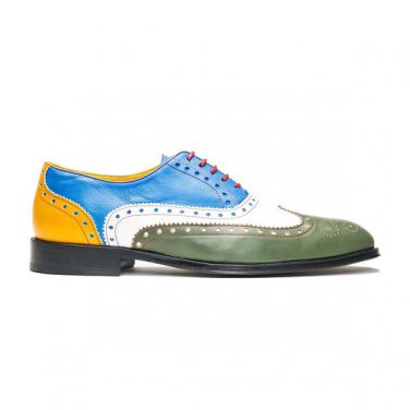 Oxford Multi Color Full Brogue Toe Wing Tip Genuine Leather Handmade Black Sole Lace Up Shoes