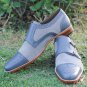 Monk Straps Two Tone Gray Suede Leather Handmade Brogue Cap Toe Natural Color Sole Shoes