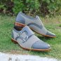 Monk Straps Two Tone Gray Suede Leather Handmade Brogue Cap Toe Natural Color Sole Shoes