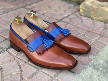 Superb Loafer Slip On Multi Color Tassels Fringes Real Leather Handmade Shoes