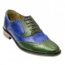 Handmade Attractive Oxford Blue & Green Leather Patina Wing Tip Full Brogues Toe Shoes