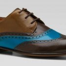 Blue Brown Wing Tip Genuine Cowhide Leather Brogue Toe Lace Up Handmade Shoes