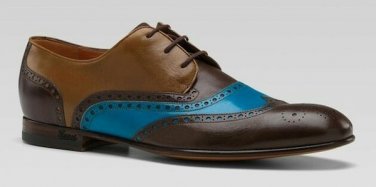 Blue Brown Wing Tip Genuine Cowhide Leather Brogue Toe Lace Up Handmade Shoes