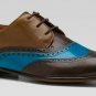 Blue Brown Wing Tip Genuine Cowhide Leather Brogue Toe Lace Up Handmade Shoes