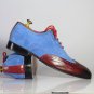 Blue Suede Burgundy Real Leather Wing Tip Burnished Laced Up Oxford Style Formal Luxury Shoes