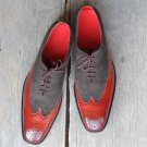 Dual Tone Oxford Suede Leather Long wing Tip Brogues Toe Laced Up Perfectionist Shoes