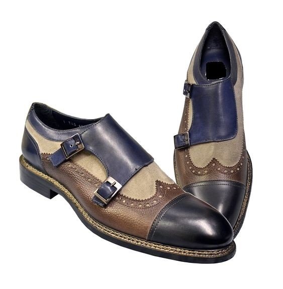 Monk Wing Tip Cap Toe Double Buckle Straps Genuine Leather Handmade Matching Sole Shoes