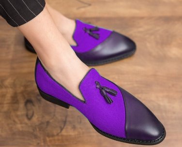 Dazzling Tweed Violet Real Leather Tassel Loafer Slip On Luxury Wear Handmade Fashionable Shoes