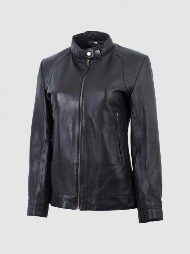 WOMEN BLACK COLOR BAN COLLER BIKER LEATHER JACKET