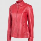 WOMEN BLACK COLOR BAN COLLER BIKER LEATHER JACKET