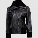 FOUE POCKET BLACK COLOR BOMBER LEATHER JACKET FOR WOMEN