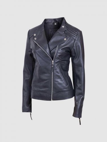 New Designed Women Leather Biker Jacket Black Color Zipper Lapel collar