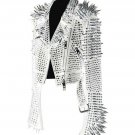 White Color Women Genuine Classical Punk Style Leather Jacket Large Spike Silver Studs
