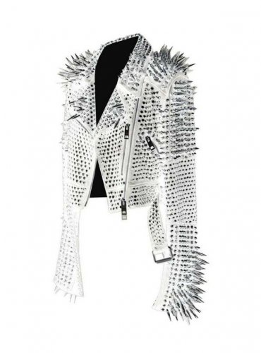 White Color Women Genuine Classical Punk Style Leather Jacket Large Spike Silver Studs