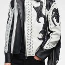 New Men's Black & White Silver Studded Cowboy Fringes Cowhide Leather Jacket