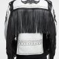 New Men's Black & White Silver Studded Cowboy Fringes Cowhide Leather Jacket
