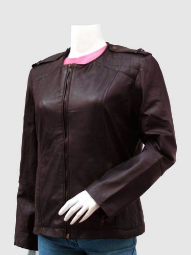 New Brown Color Leather Biker Jacket Zipper Closure Collar Less For Women