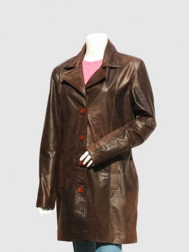 New Long Trench Brown Color Leather Coat Button Closure Coat Collar For Women