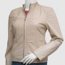 New Beige Color Leather jacket Zipper Closure Band Collar For Women