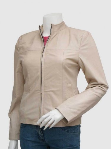 New Beige Color Leather jacket Zipper Closure Band Collar For Women