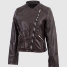 Classic Black Color Leather jacket Side Zipper Closure Band Collar For Women