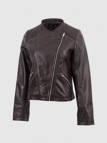 Classic Black Color Leather jacket Side Zipper Closure Band Collar For Women