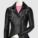 Classic Black Color Leather Biker jacket Zipper Closure Lapel Collar Belt For Women