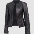 New Black Color Leather Collar & Zip Less jacket For Women
