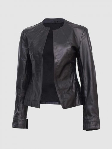 New Black Color Leather Collar & Zip Less jacket For Women
