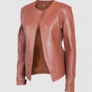 New Cider Brown Color Leather Collar & Zip Less jacket For Women