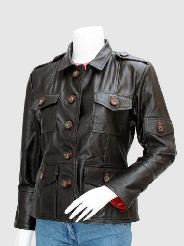 New Dark Brown Color Leather Jacket 4 Women Shirt Collar Five Pockets Button Closure