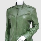 New Olive Green Color Leather Jacket 4 Women Band Collar Zip Pockets Zipper Closure