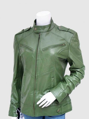 New Olive Green Color Leather Jacket 4 Women Band Collar Zip Pockets Zipper Closure