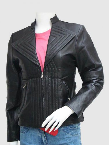 New Looking Black Color Leather Jacket 4 Women Lapel Collar Zip Pockets Zipper Closure