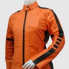 New  Biker Leather Jacket Origen & Black Color For Women Ban Collar Zip Pockets Zipper Closure