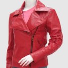 New Biker Leather Jacket Red Color For Women Lapel Collar Zip Pockets Zipper Closure