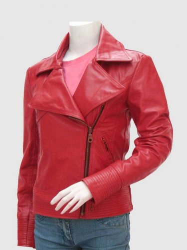 New Biker Leather Jacket Red Color For Women Lapel Collar Zip Pockets Zipper Closure