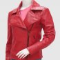 New Biker Leather Jacket Red Color For Women Lapel Collar Zip Pockets Zipper Closure